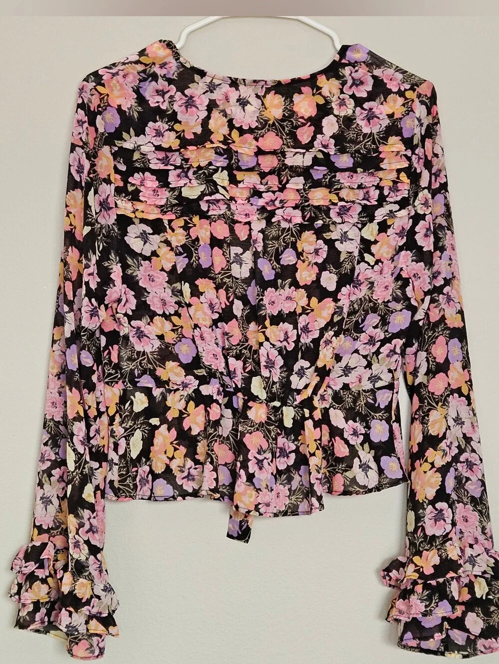 Free People Black Floral Tie-Front Blouse with Pink & Yellow Blooms